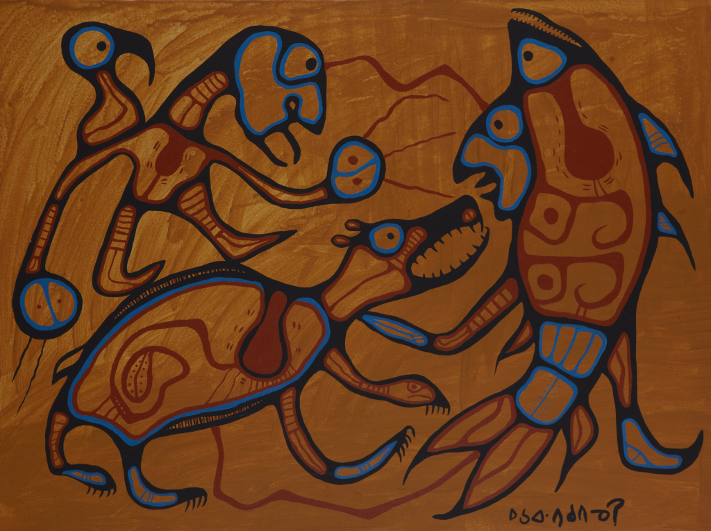 Peinture acrylique d'un combat psychique entre un chaman, un ours sacré et un poisson.