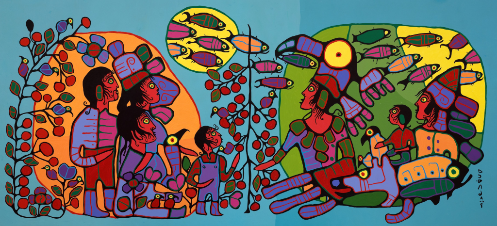 A painting of multiple figures and colorful animal spirits