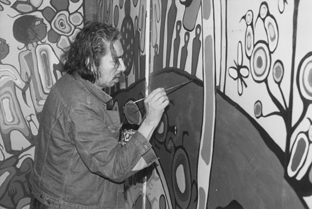 Photo of Morrisseau touching up Androgyny prior to its unveiling
