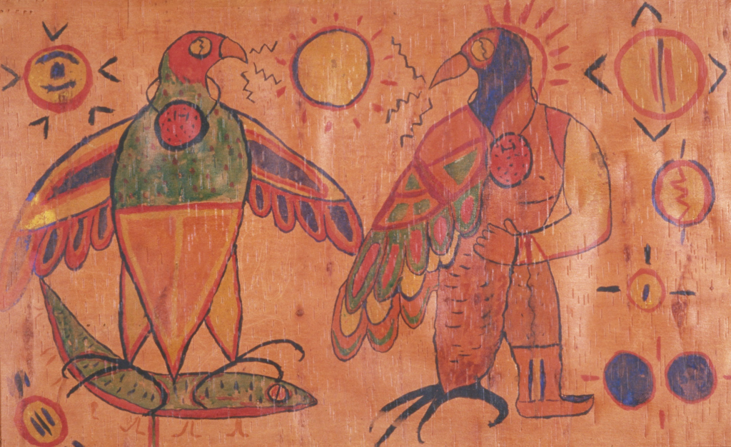 Colored drawing of a man changing into a mythical thunderbird, done two ways