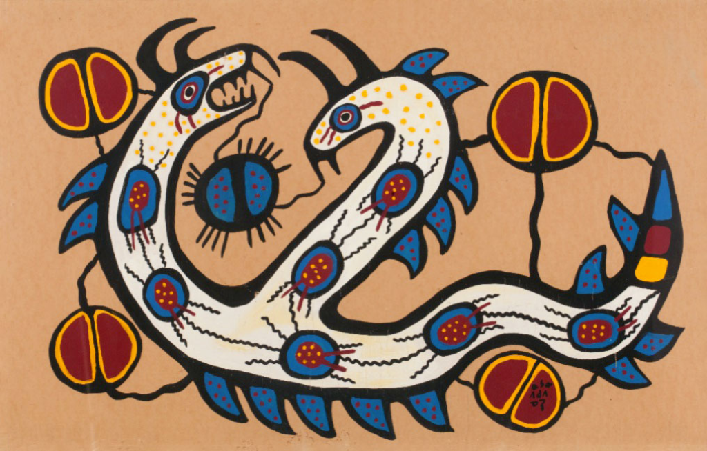 A painting of a sacred, two-headed horned snake surrounded by five split circles