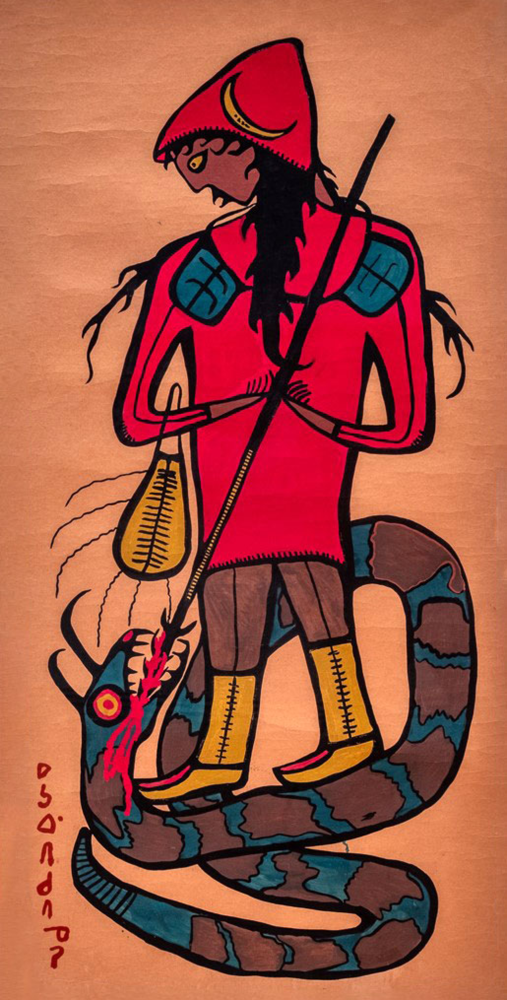 A painting of a shaman fighting a snake creature