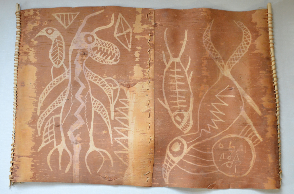 Multiple sketches of a mythical thunderbird, on birchbark scrolls