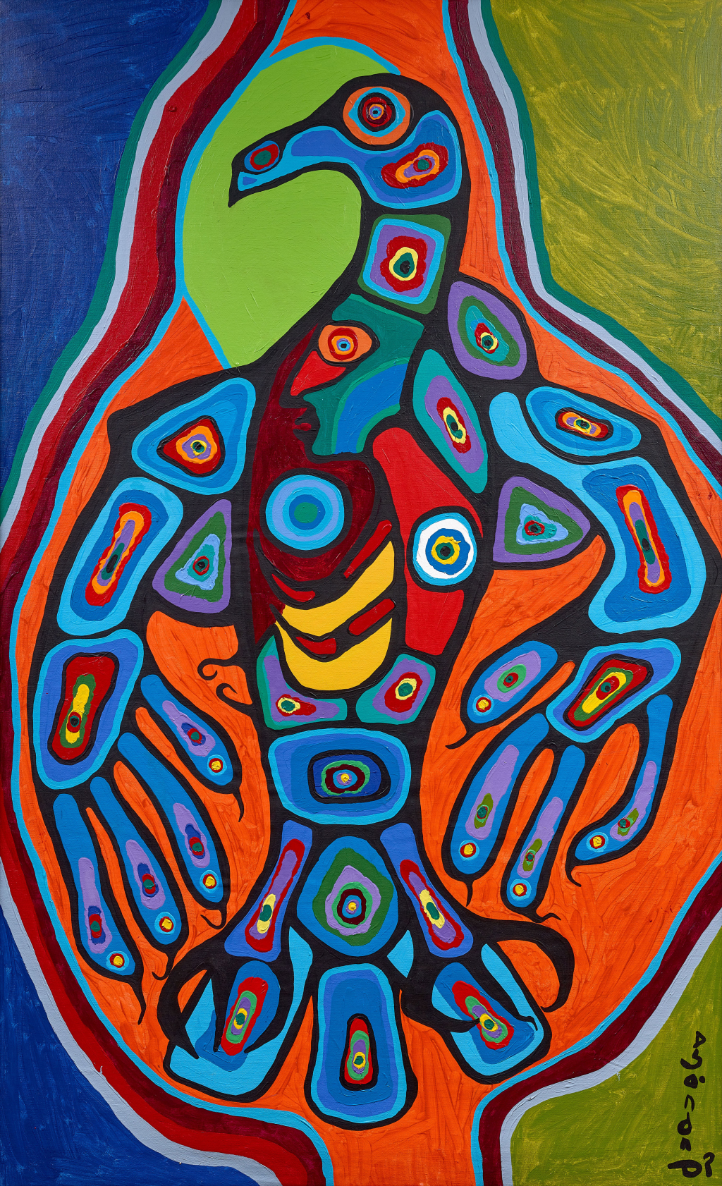 A colorful painting of a mythical thunderbird