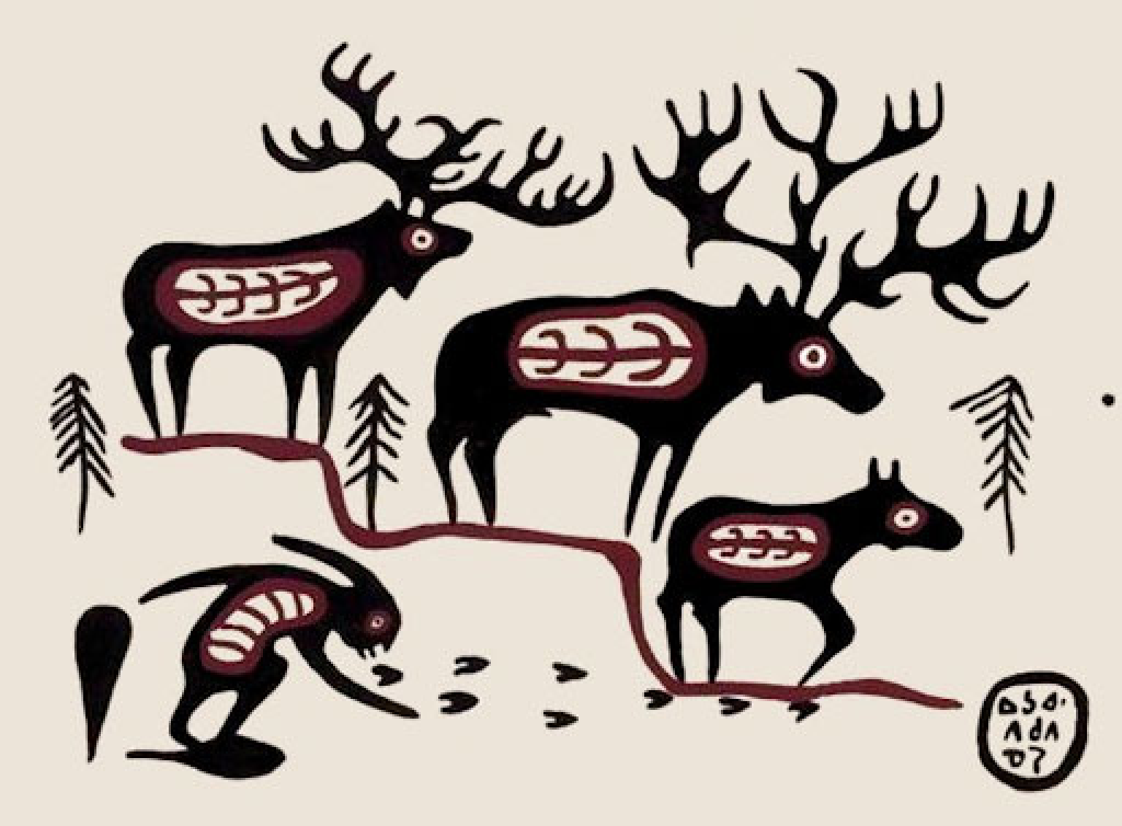 A painting of a man tracking three moose
