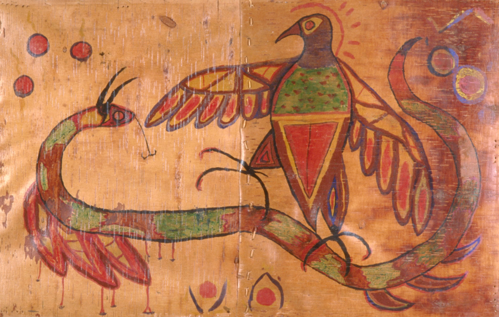 Peinture d'un oiseau-tonnerre et d'un serpent à cornes
