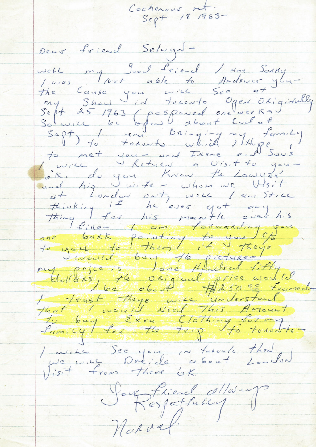 A picture of a handwritten letter from Morrisseau