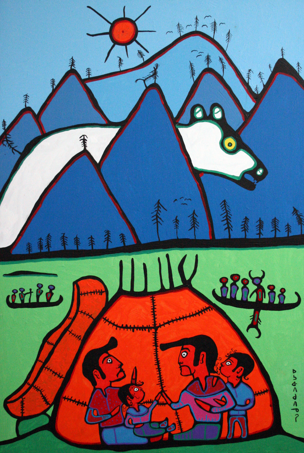 Paiting of a giant bear hiding in the mountains while a grandfather shares stories with his family