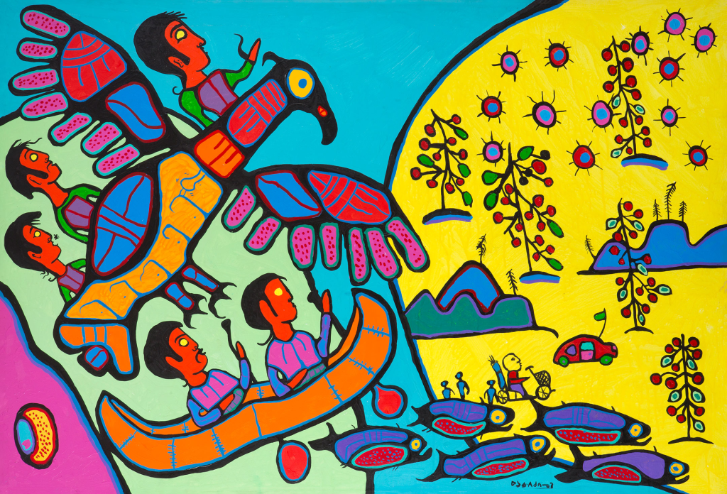 Painting of a mythical thunderbird including a cameo of Morrisseau on a scooter
