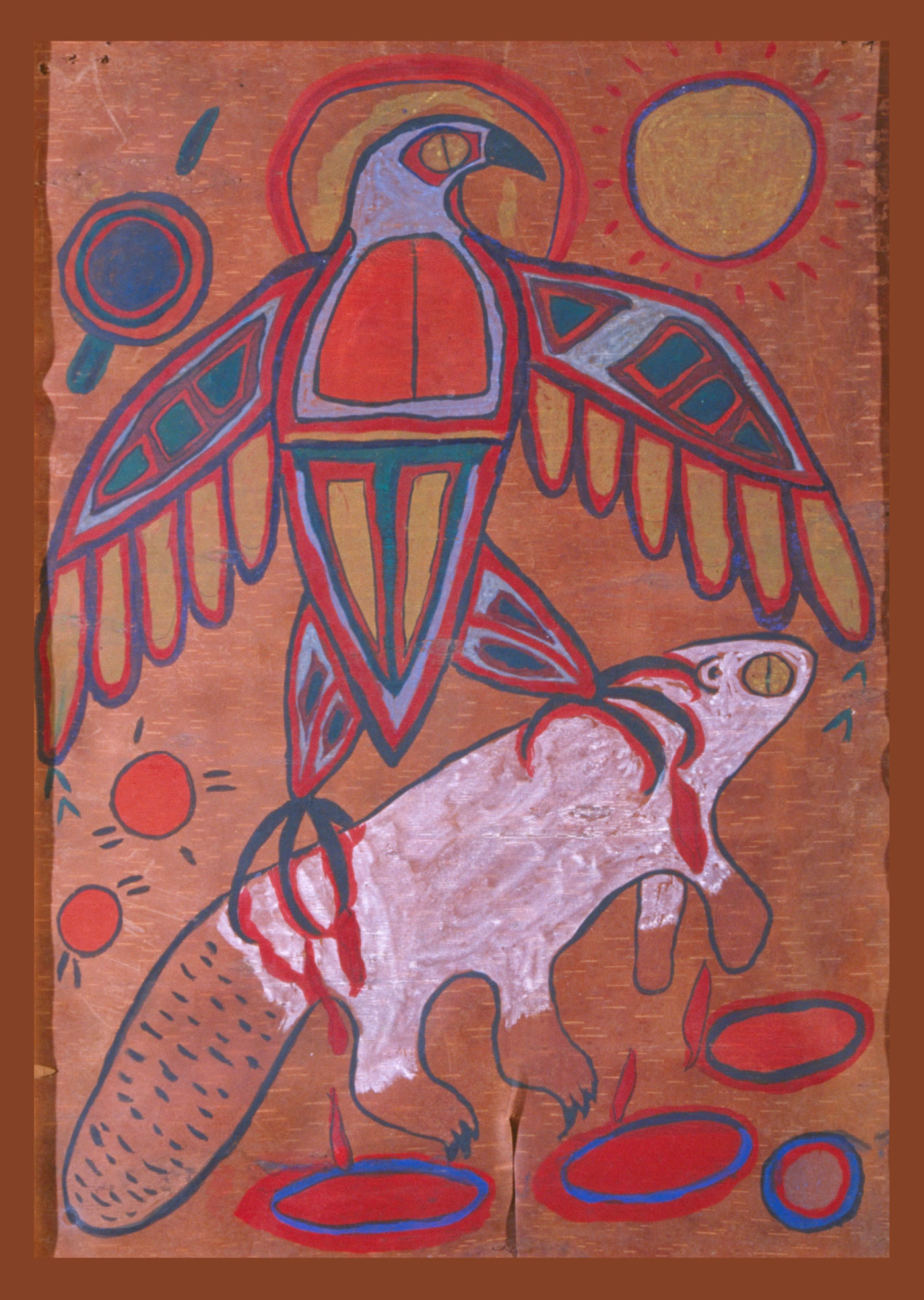 Peinture d'un aigle attrapant un castor dans ses griffes
