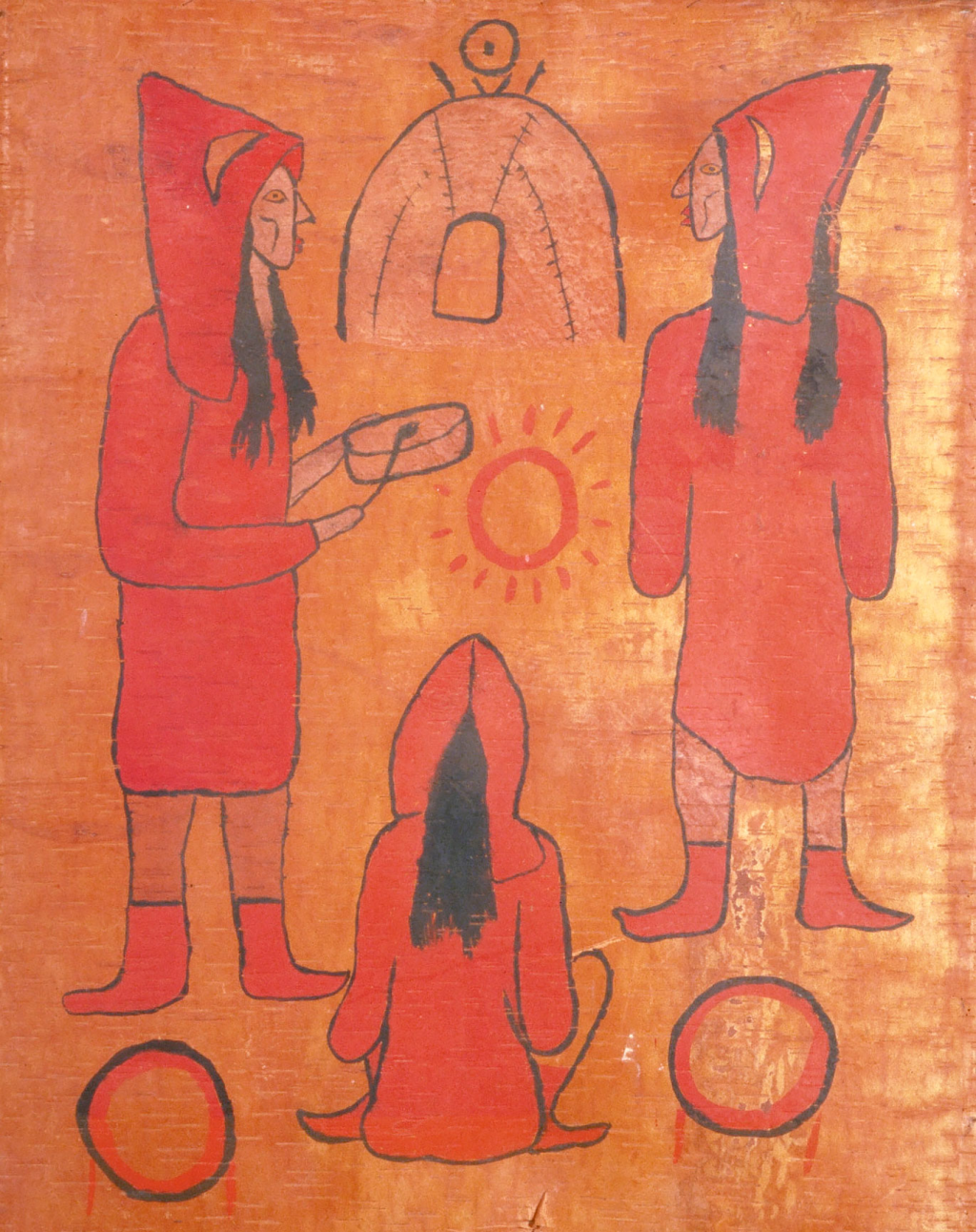 Peinture représentant trois ancêtres devant une hutte de sudation