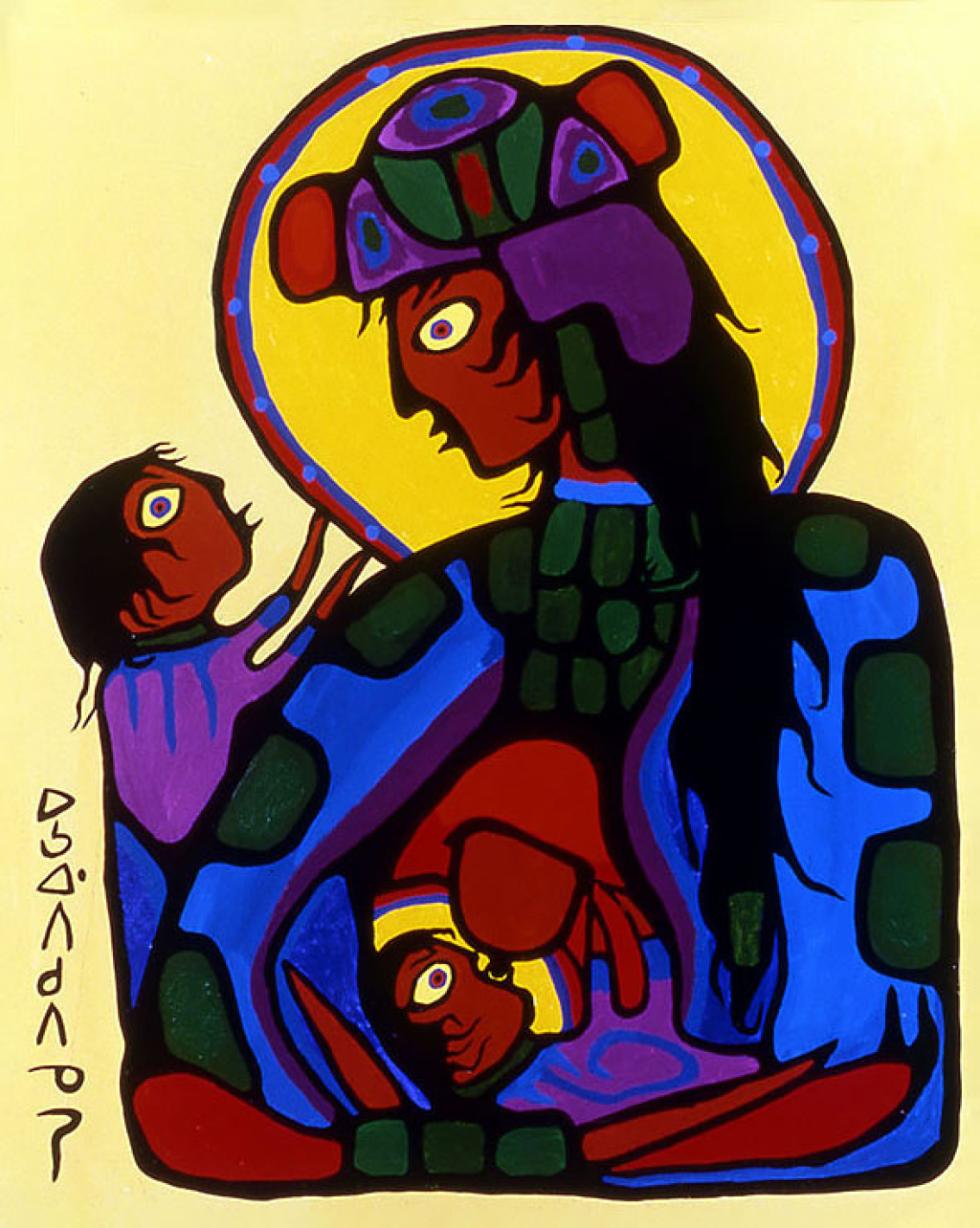 Tableau représentant la Vierge Marie avec deux enfants dans les bras