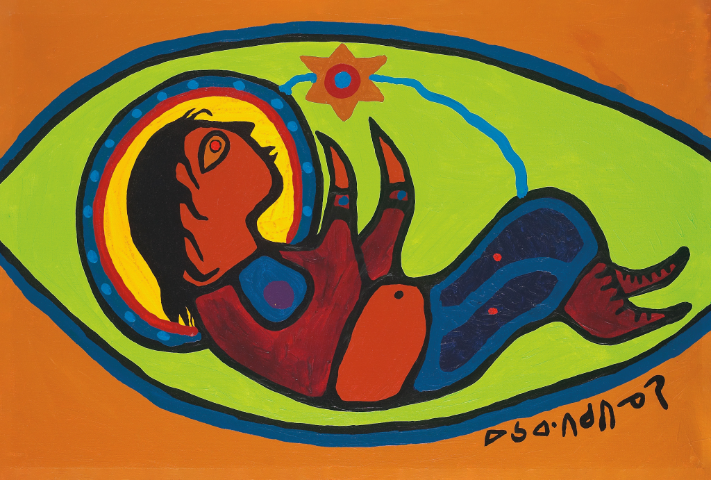 Peinture d'une version autochtone de l'enfant Jésus-Christ encore dans le ventre de sa mère.