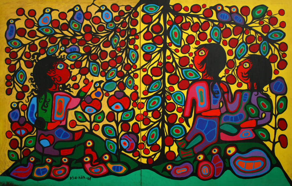 Tableau de trois enfants sous un arbre coloré