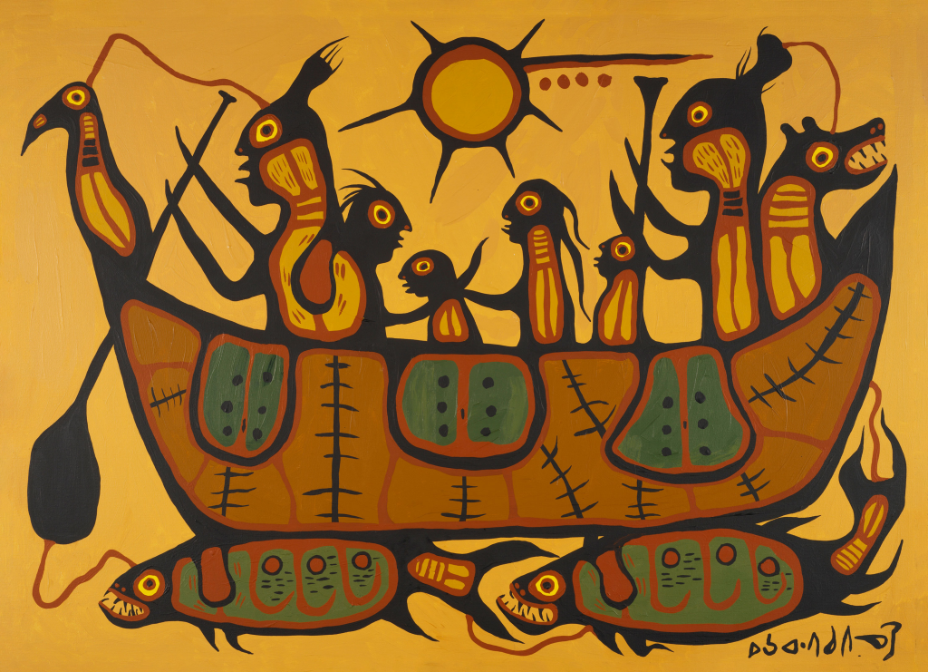 Painting of a group of native people on a canoe supported by two fishes