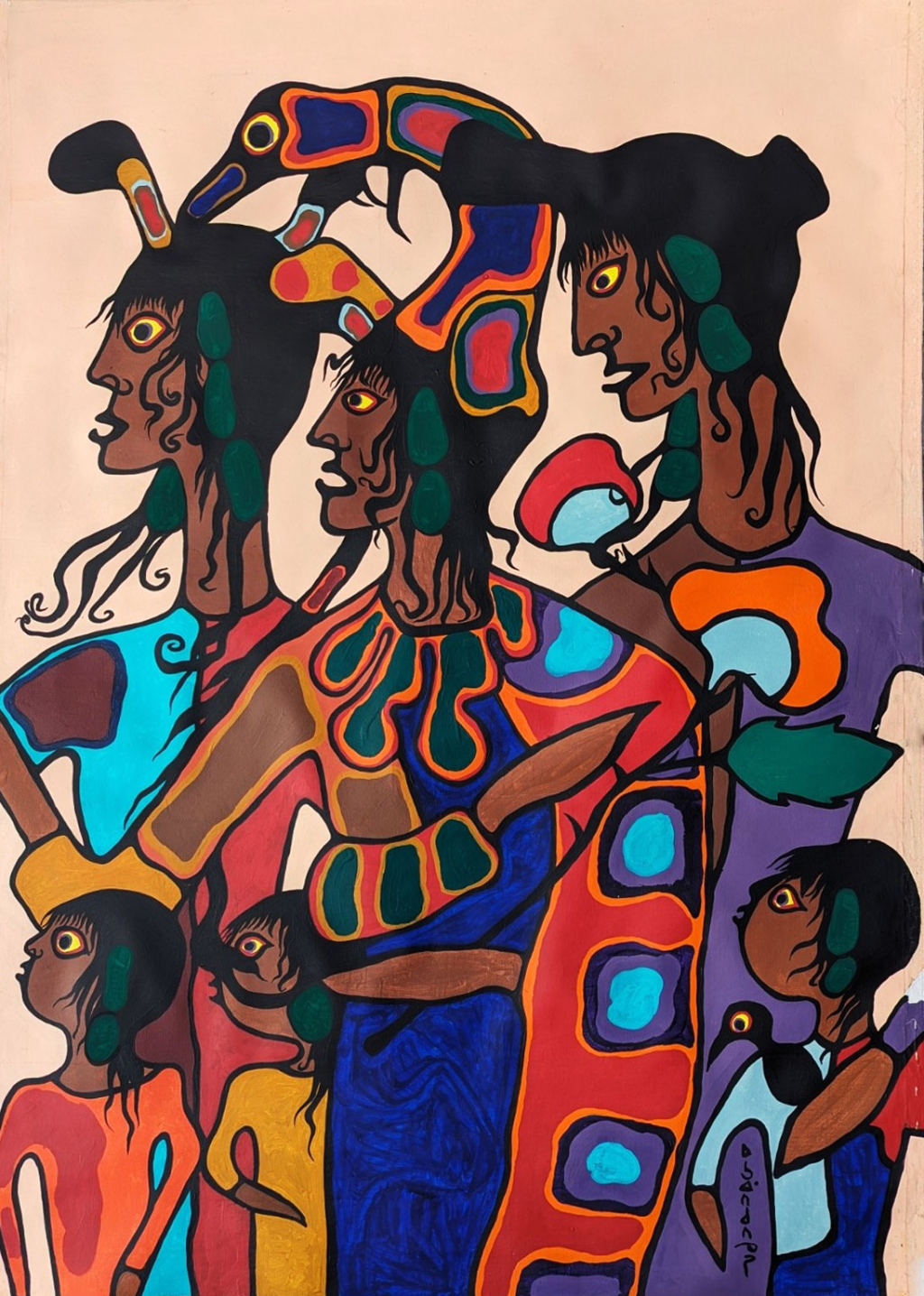 A portrait painting of Morrisseau, his wife and their children