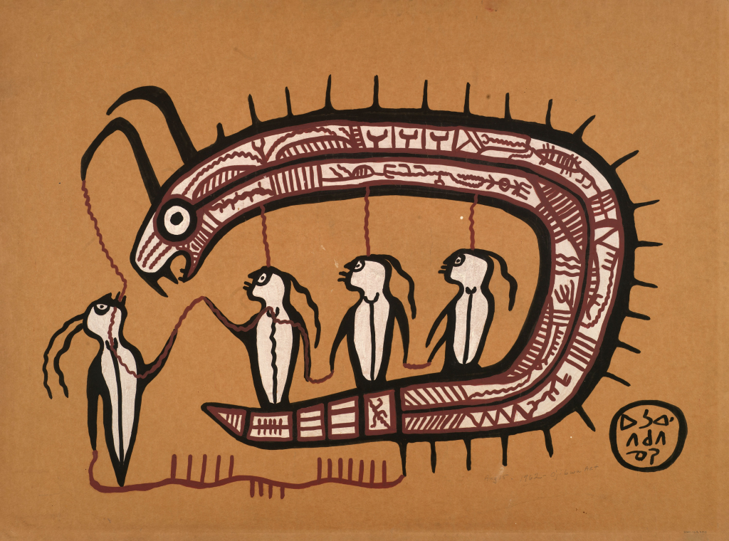 Peinture d'un serpent sacré à cornes avec quatre figures humaines