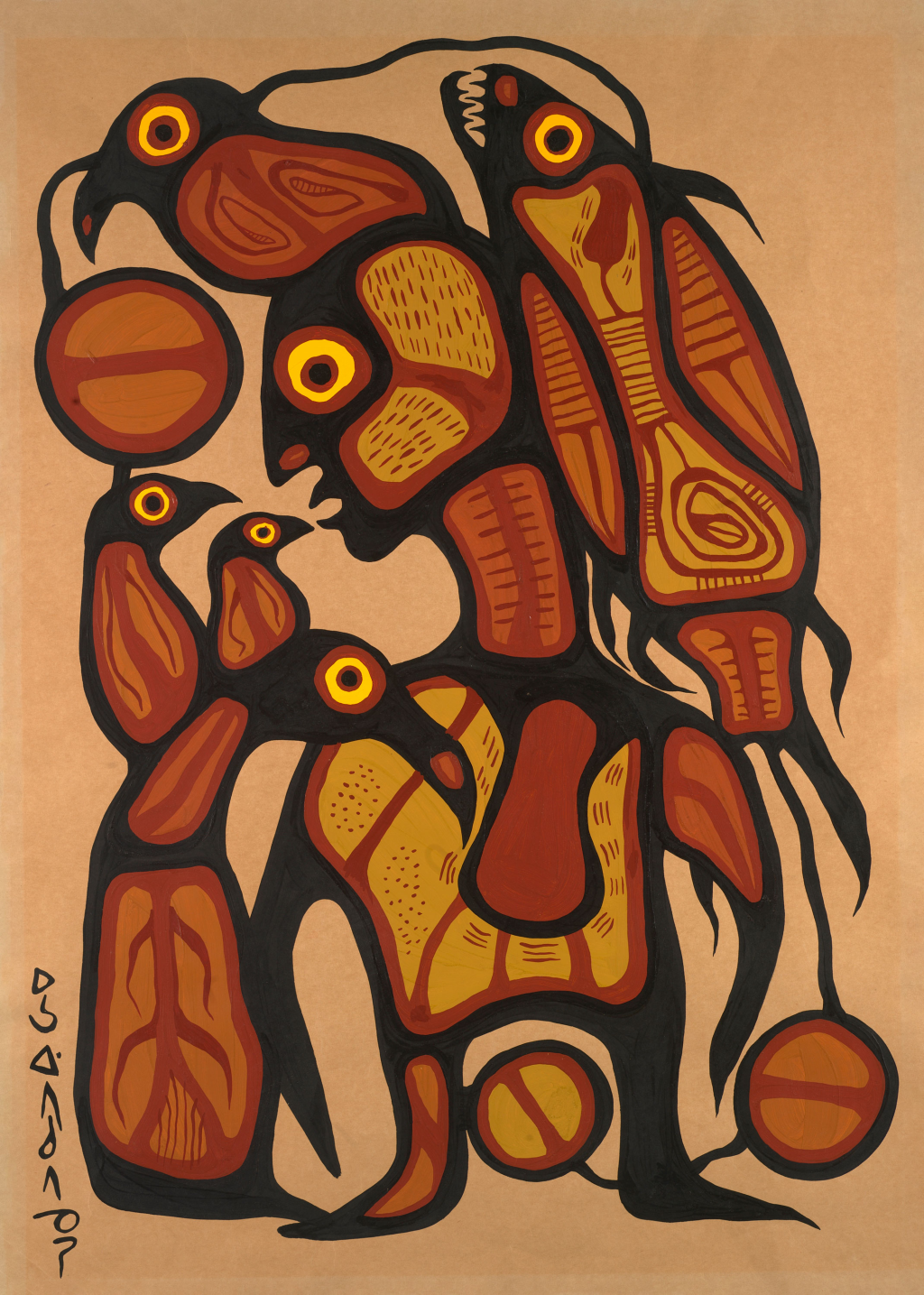 Peinture d'un personnage autochtone avec plusieurs oiseaux et poissons