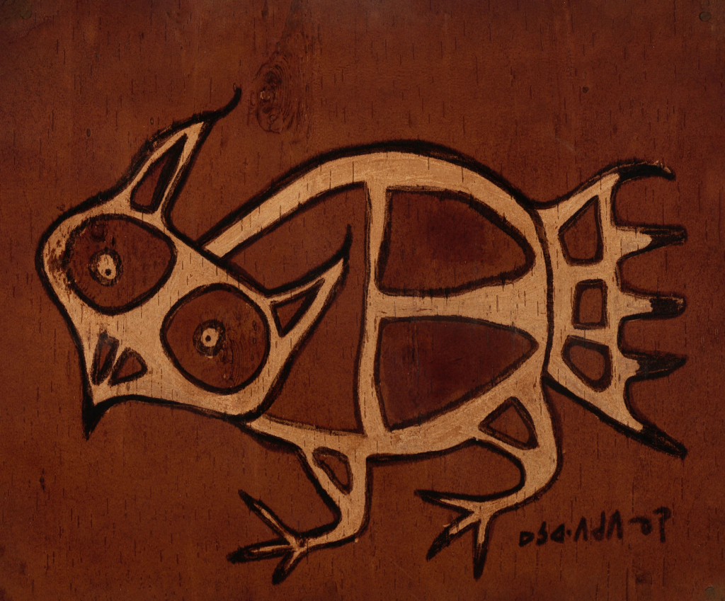 Peinture d'un hibou sur rouleau d'écorce de bouleau