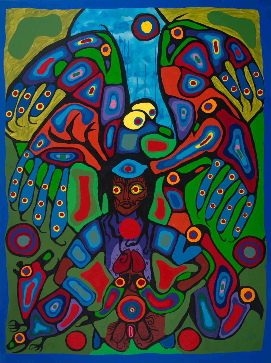 Painting of a shaman figure with wings and an erect phallus