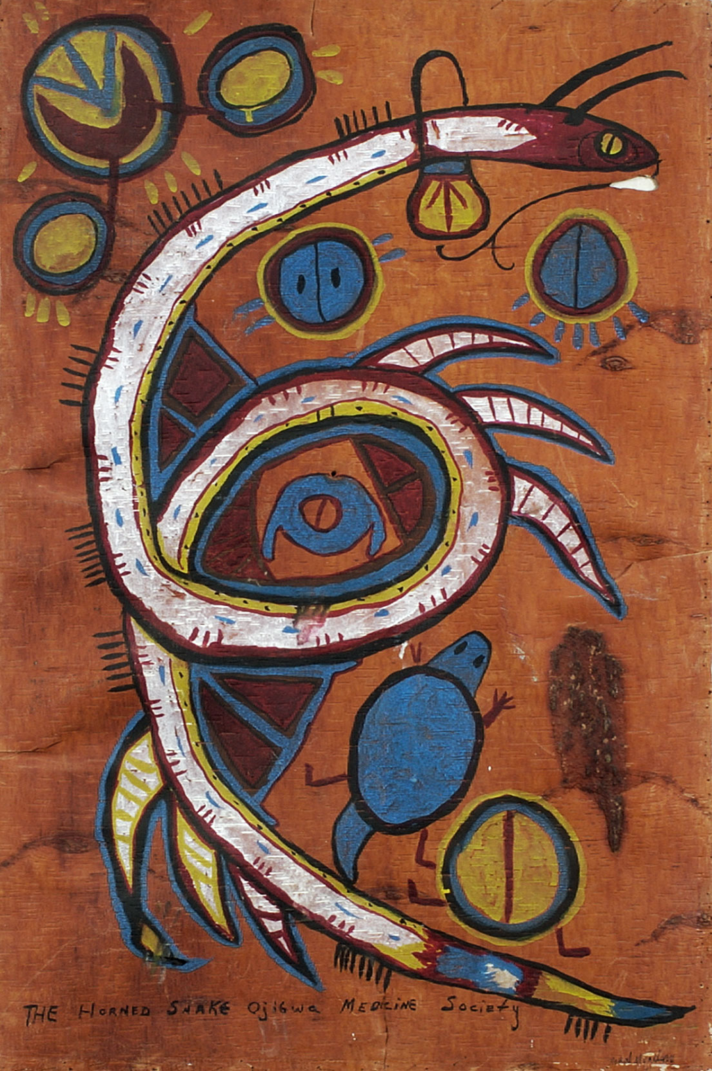 Painting of a white, looping sacred horned snake on birchbark