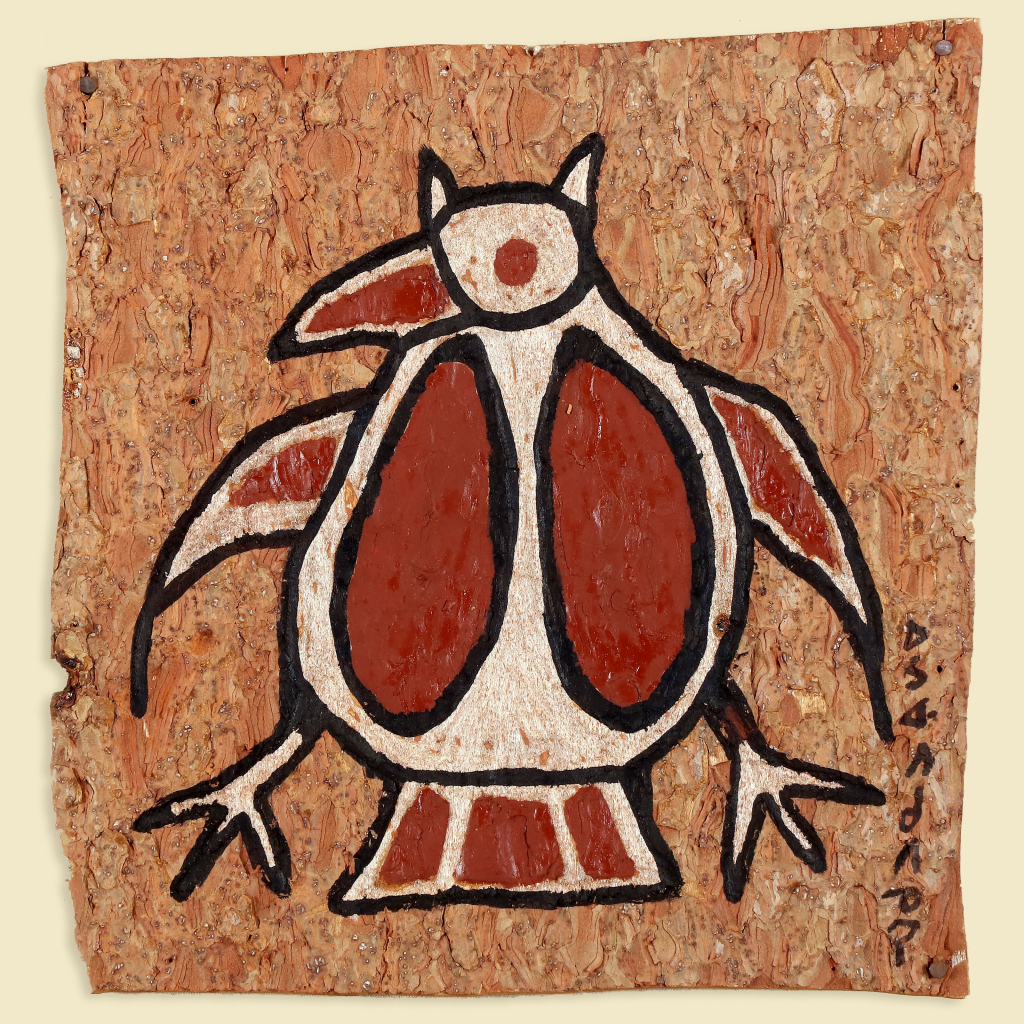 Painting of a small bird on pine bark