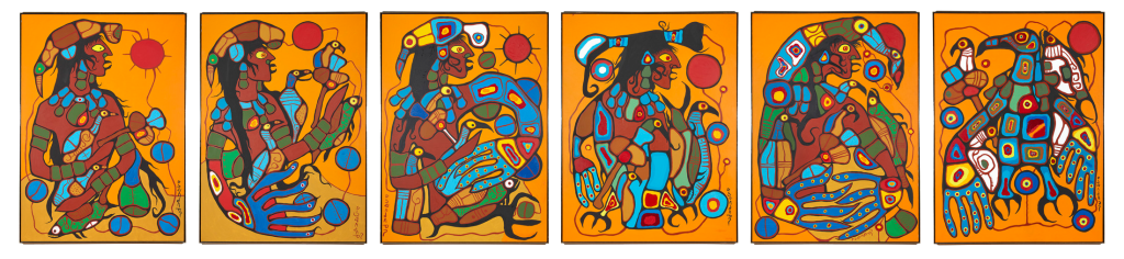 A six-panel painting of a man changing into a thunderbird