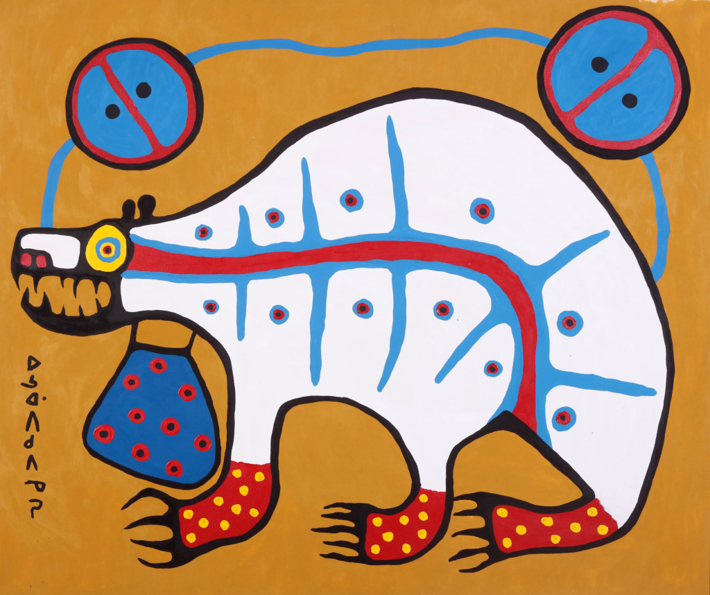 Peinture d'un ours sacré avec une pochette de médicaments autour du cou