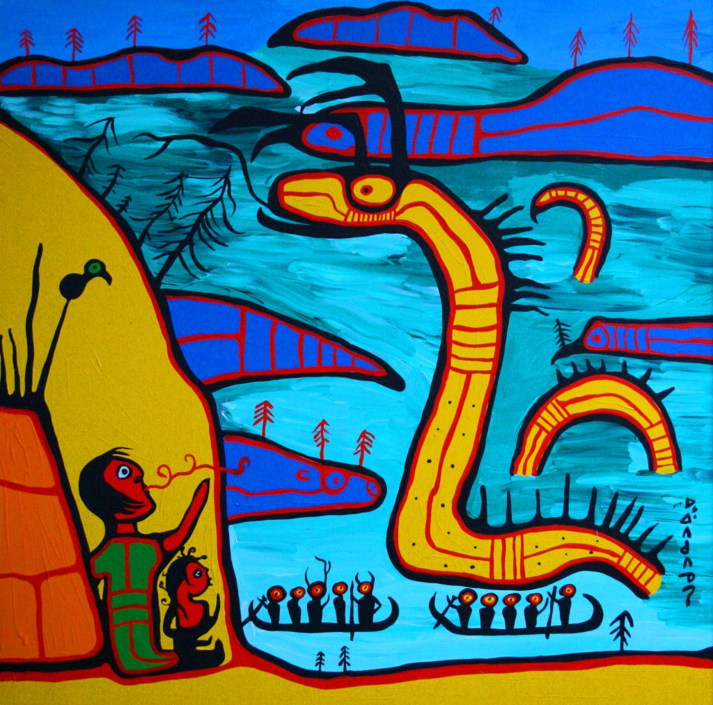 Un chaman et son petit-fils dans une tente, au bord d'un lac habité par un grand serpent à cornes.