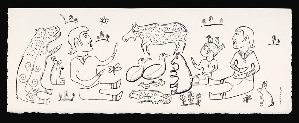 Drawing of a male figure sharing stories with their family and animals