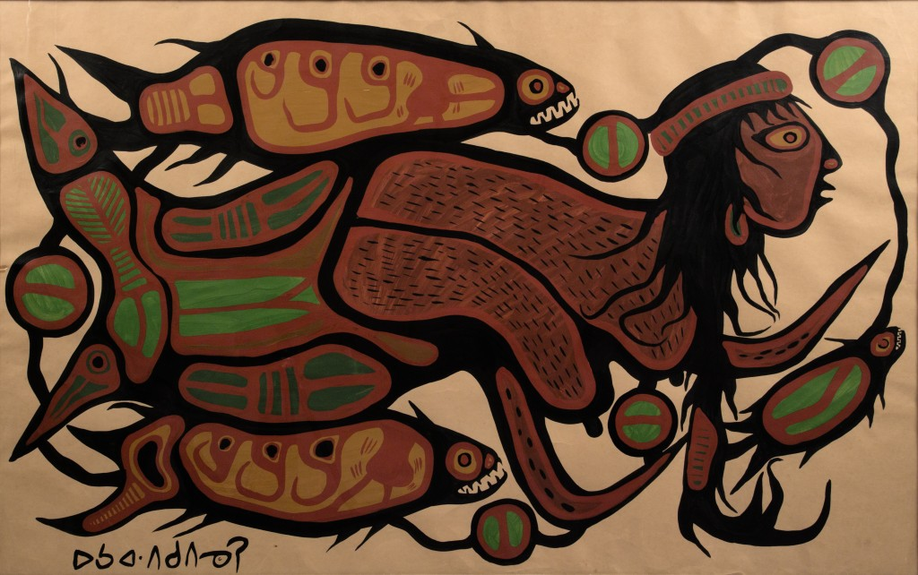 Painting of a female water spirit swimming along and connected with fishes