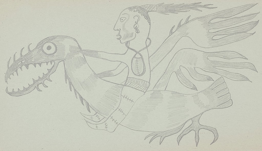Sketch of a shaman figure riding a thunderbird