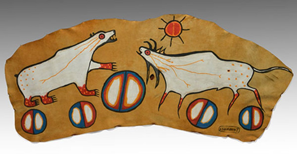 Painting of two polar bears on top of five circles, on hide