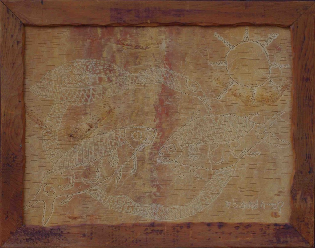Sketch of two fishes and the sun hammered on birchbark