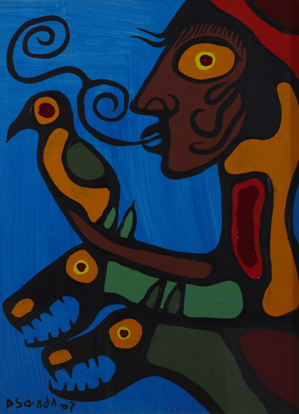 Peinture d'un chaman parlant à un oiseau et à deux loups