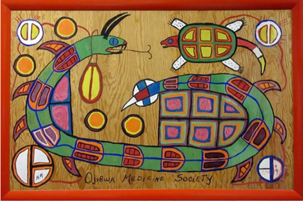 Peinture d'un serpent-médecine à cornes face à une tortue